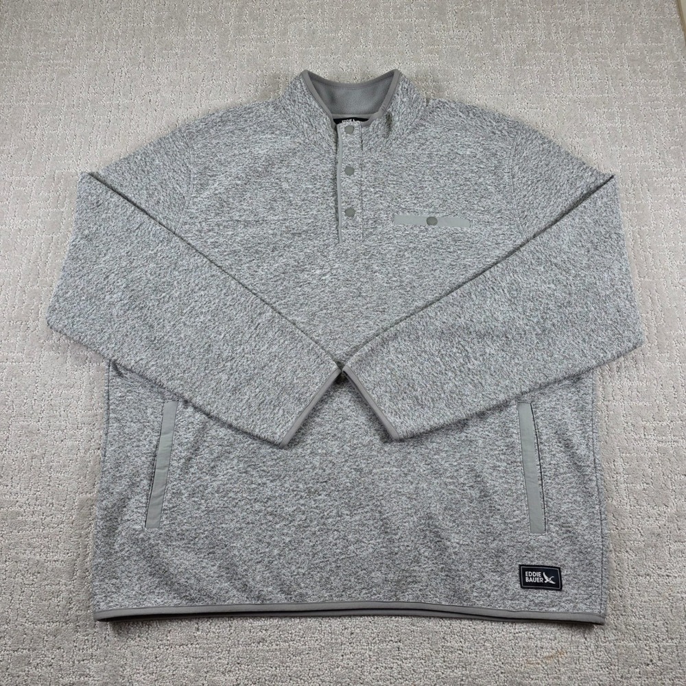 Eddie Bauer Mens XXL Gray Heather Quarter Snap Fleece Knit Mock Neck Pullover
